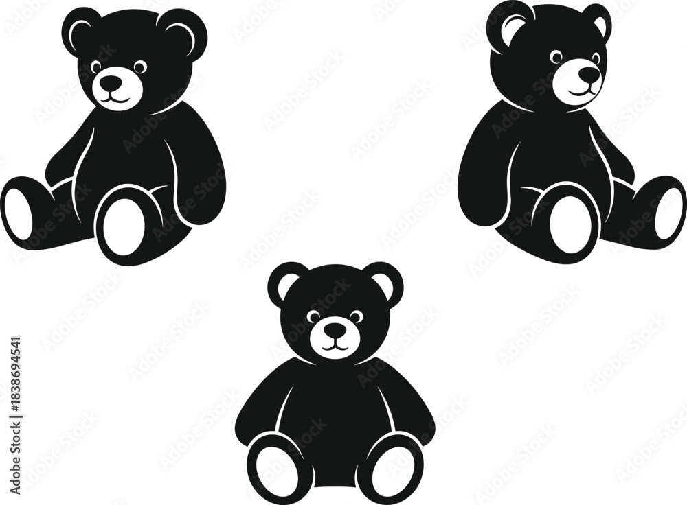 Obraz premium Set of three cute black teddy bear silhouettes, sitting plush toy icons, nursery animal decoration, monochrome stencil design art, cad drawing flat vector illustration