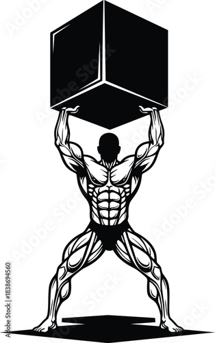 Strong muscular man silhouette lifting heavy cube overhead, bodybuilder gym fitness mascot, powerlifting sport logo, cad drawing flat vector illustration