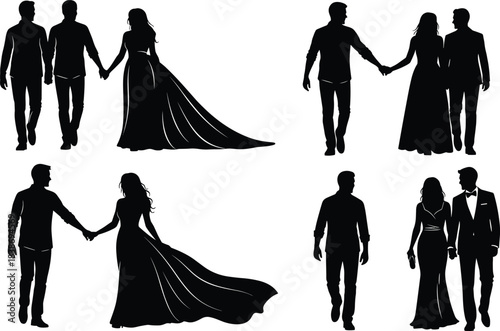Set of wedding silhouettes, bride and groom couples and friends walking together holding hands in formal attire, cad drawing flat vector illustration
