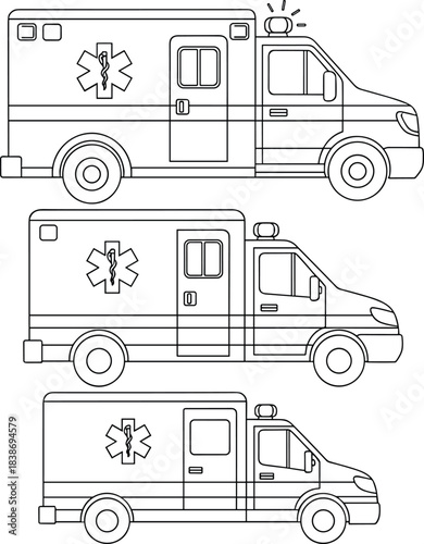 Three Ambulance Outline Drawings Set, Emergency Medical Service Vehicle Vector Illustration, Line Art for Coloring Book and Design Templates