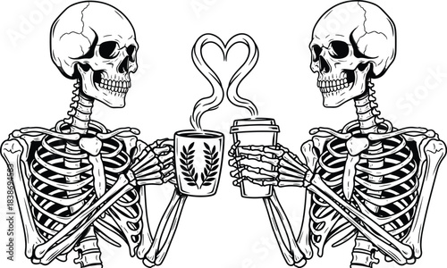 Two Skeletons Drinking Coffee with Heart-Shaped Steam, Line Art Vector Illustration of Eternal Love and Coffee Addiction Concept