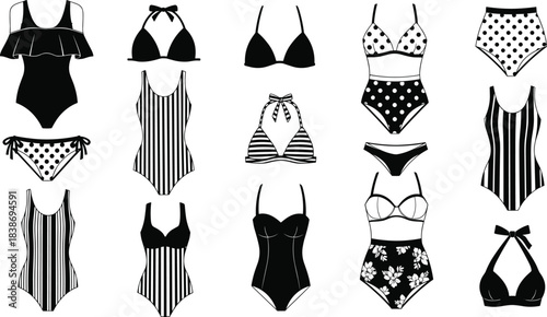 Set of women swimsuit silhouettes, black bikini collection, retro beachwear icons, summer fashion clothing, monochrome bathing suit design, vector illustration