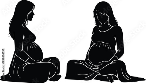 Two black silhouettes of pregnant women sitting in lotus pose holding belly, expectant mother collection, cad drawing flat vector illustration