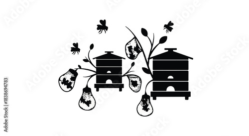 Whimsical illustration of beehives and buzzing bees among stylized fruit