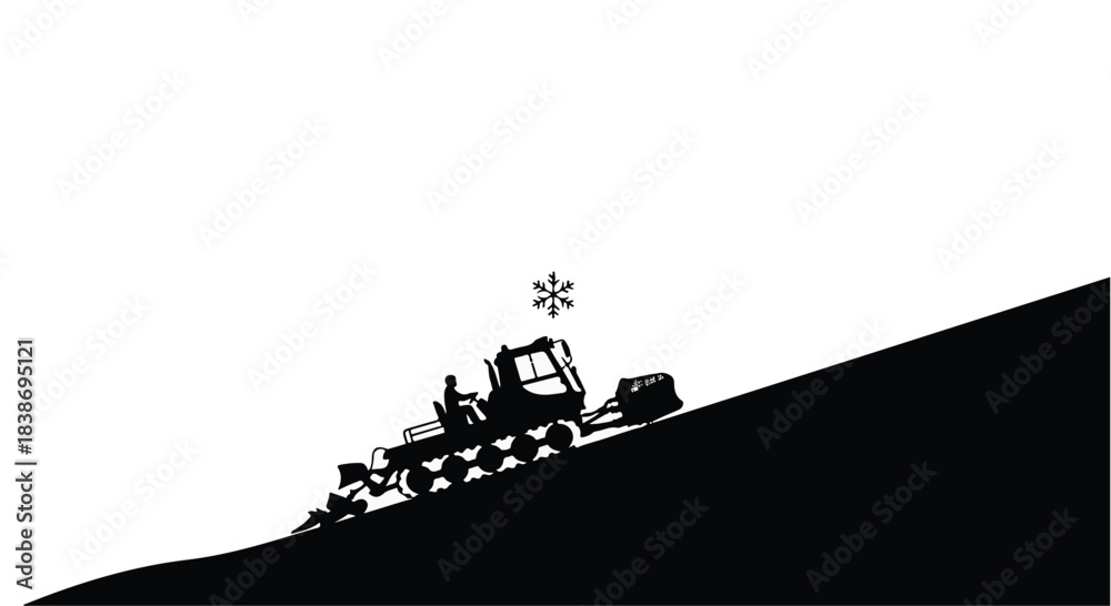 Obraz premium Silhouette of a snow groomer vehicle operating on a snowy slope under a clear sky.