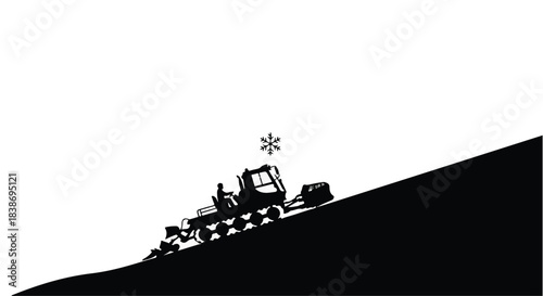 Silhouette of a snow groomer vehicle operating on a snowy slope under a clear sky.