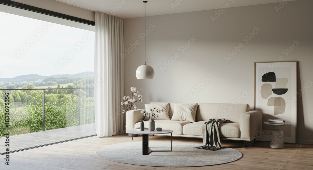 Fototapeta premium Modern living room interior with sofa artwork and panoramic window view