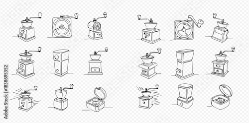 Set of hand-drawn coffee grinders in various styles, illustrating different designs of manual coffee mills for brewing.