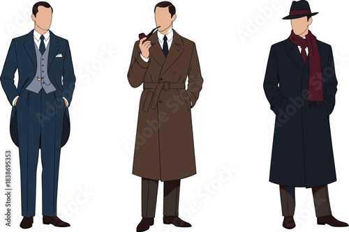 Three Men Dressed in Classic Vintage Formal Wear Featuring a Tailcoat Suit, Trench Coat with Pipe, and Fedora with Scarf, Representing Retro Fashion Vector.