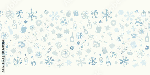 A festive seamless pattern of winter holiday icons in pale blue tones