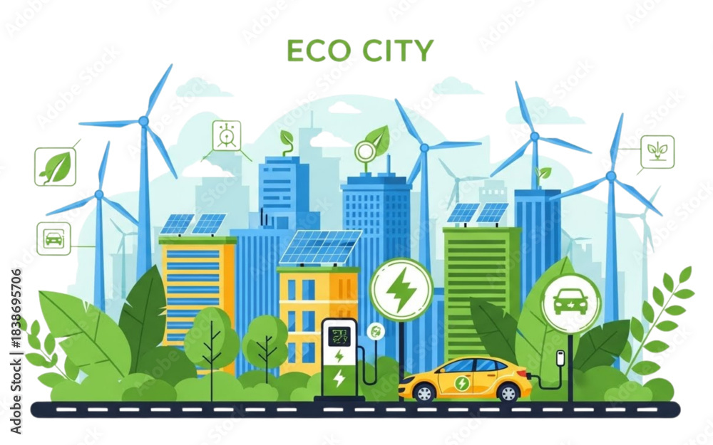 Obraz premium Eco-Friendly Sustainable City – Renewable Energy, Electric Cars and Green Urban Environment Vector Illustration