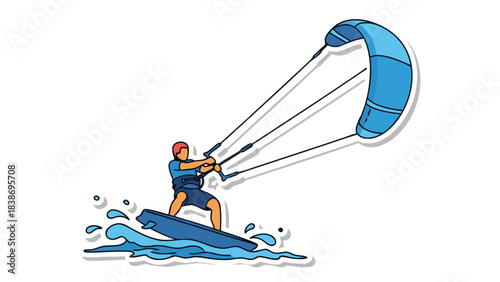 Man Kitesurfing on Blue Water During Daytime Extreme Sport Activity Dynamic Action Shot Vector Illustration