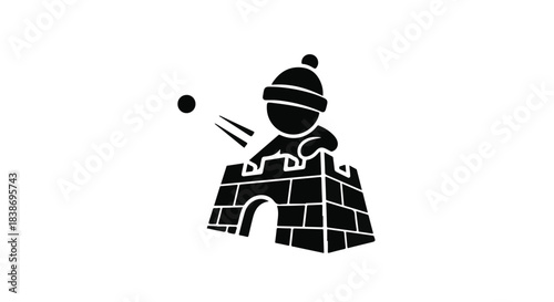 Playful cartoon child in winter hat throws snowball from castle fort