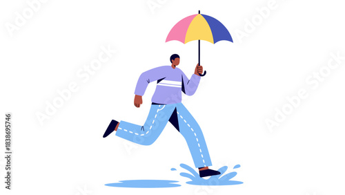 Man Running With Colorful Umbrella Through Water Puddles In The Rain With Abstract Art Style