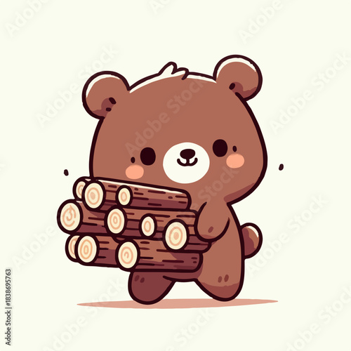cartoon vector illustration of a bear carrying firewood