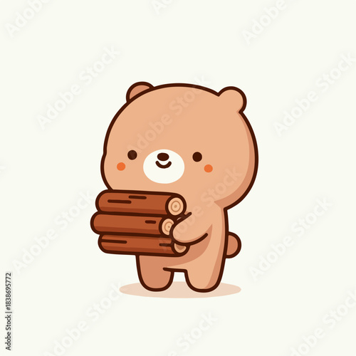 cartoon vector illustration of a bear carrying firewood