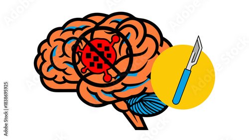 Medical Illustration of Brain Surgery to Remove Viral Infection Represented by Red Cells Inside a Crossed Out Circle Next to a Scalpel Symbol in Yellow Circle on Black Background