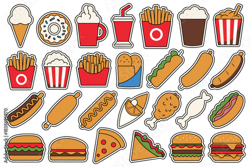A collection of assorted fast food and dessert icons are displayed against a white background.