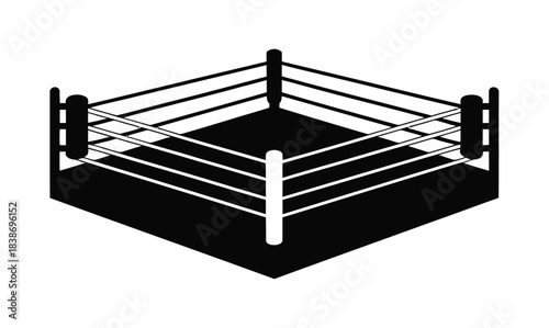 A boxing ring is shown in a minimalist black and white illustration.