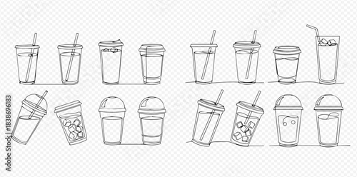 Set of hand-drawn plastic and paper cups with lids and straws for various beverages.