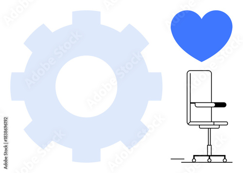 Productivity, work-life balance, office culture, ergonomic design, teamwork, innovation. A gear, office chair and heart icon on a white background. Productivity and work-life balance concept