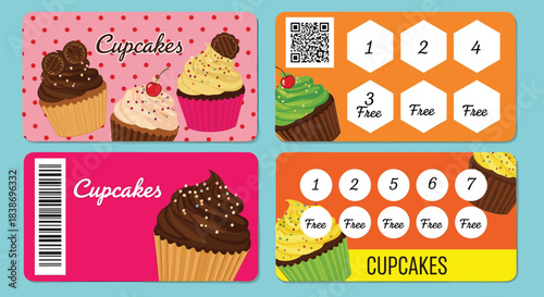 Cupcake loyalty card set, bakery promotion, dessert rewards, sweet treats, QR code, barcode, colorful design, customer incentive