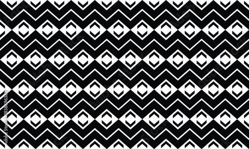 Seamless Black and White Zigzag Chevron Pattern with Tribal Diamond Motifs, Monochrome Vector Background for Textiles and Interior Design