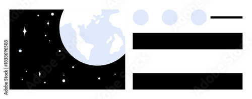 Earth in orbit surrounded by stars paired with geometric bars and circles symbolizing data, science, technology, sustainability, global connectivity, exploration, and space innovation. A simple flat