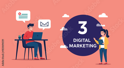 Digital marketing illustration with laptop, tablet, speech bubbles, email icon, notification, and module label on peach background