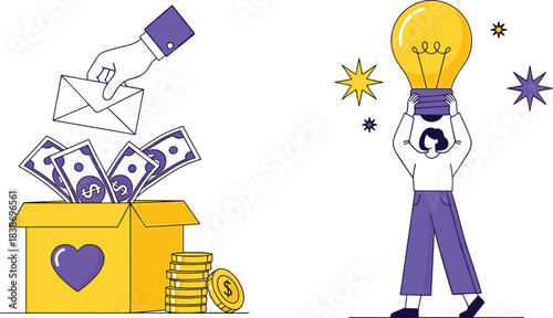 Donation, idea, creativity, support, funding, envelope, coins, lightbulb, innovation, charity, contribution, finance, concept, help, inspiration, money, box, hand, person, stars
