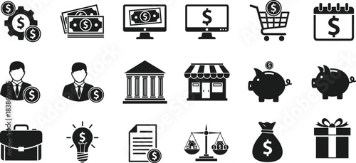 Finance icons, business symbols, economic tools, dollar signs, savings, banking, investment, planning, e-commerce, briefcase, piggy bank