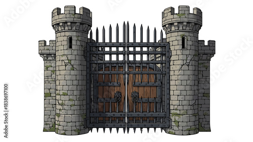 Castle entrance featuring stone towers and a large ironandwood spiked gate