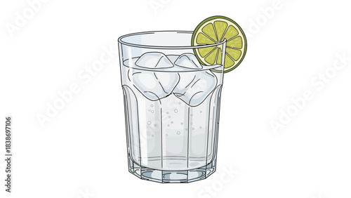 Clear highball glass with ice cubes clear liquid and a lime wheel garnish