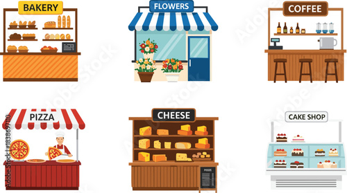 Market stalls illustration, bakery, flower shop, coffee stand, pizza vendor, cheese counter, cake shop, food booths, storefront icons