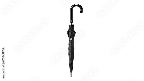 Closed black umbrella with a curved handle isolated on white