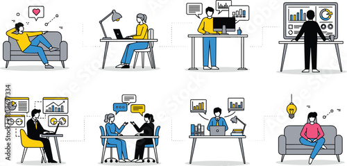 Modern workspace illustration, remote work concept, digital collaboration, data analysis, productivity scenes, casual browsing, teamwork, study environment, tech lifestyle