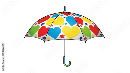 Colorful umbrella patterned with hearts and stars on a white background