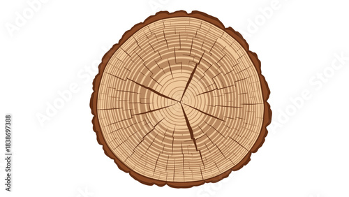 Crosssection of a tree trunk showing annual growth rings and cracks