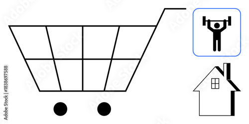 Online shopping, fitness lifestyle, home-based activities, e-commerce, retail concepts, active lifestyle. Shopping cart, person lifting weights and house icon. E-commerce and fitness lifestyle