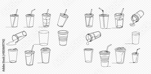 Continuous line drawing of various disposable cups for beverages, including coffee, soda, and juice, with straws and lids.
