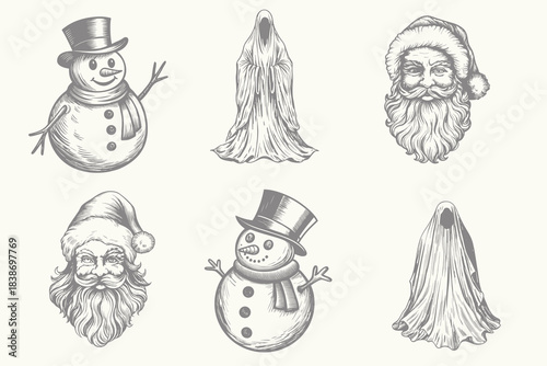 Set of vintage retro Ghost, snowman, Santa illustration. Monochrome Graphic Art. Vector. Hand drawn element engraving. Eps 10