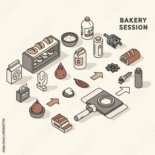 Isometric illustration of various baking ingredients and equipment for a bakery session.