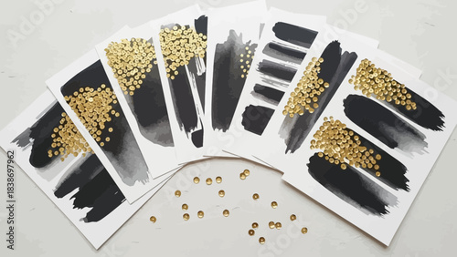Elegant hand-painted cards with black watercolor brushstrokes and gold sequins design