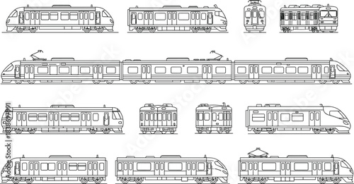 Train illustration set with commuter, metro, and high-speed rail designs in detailed black-and-white side view line art