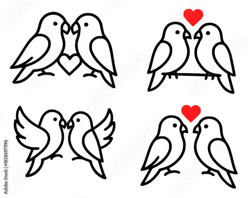 Icon for Valentine's Day, 4 love bird illustrations, outline version