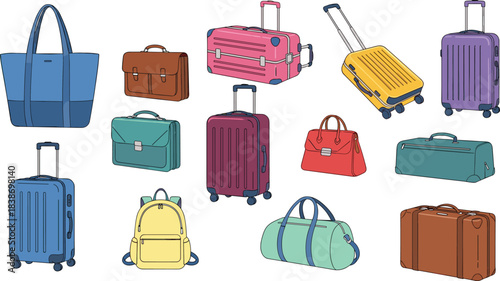 Travel luggage and bag icon set featuring suitcases, backpacks, handbags, duffel bags, briefcases, and colorful travel gear