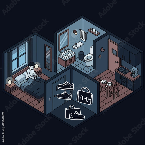 Isometric illustration of a person in bed looking at a phone, with a bathroom, kitchen, and icons of shoes and a briefcase, depicting a daily routine.