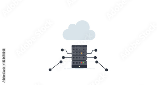 Stacked servers connect to a cloud icon via circuitlike lines