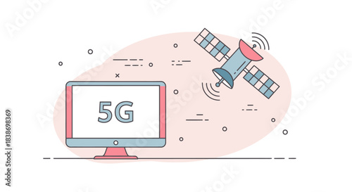 Stylized illustration of a computer monitor displaying 5G next to a satellite