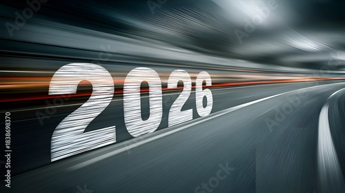 The year 2026 superimposed over blurred motion on a road suggesting progress and speed towards future goals and deadlines with optimism.